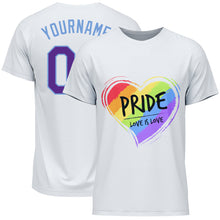 Загрузить изображение в средство просмотра галереи, Custom White Purple-Light Blue Rainbow Colored Heart For Pride Love Is Love LGBT Performance T-Shirt
