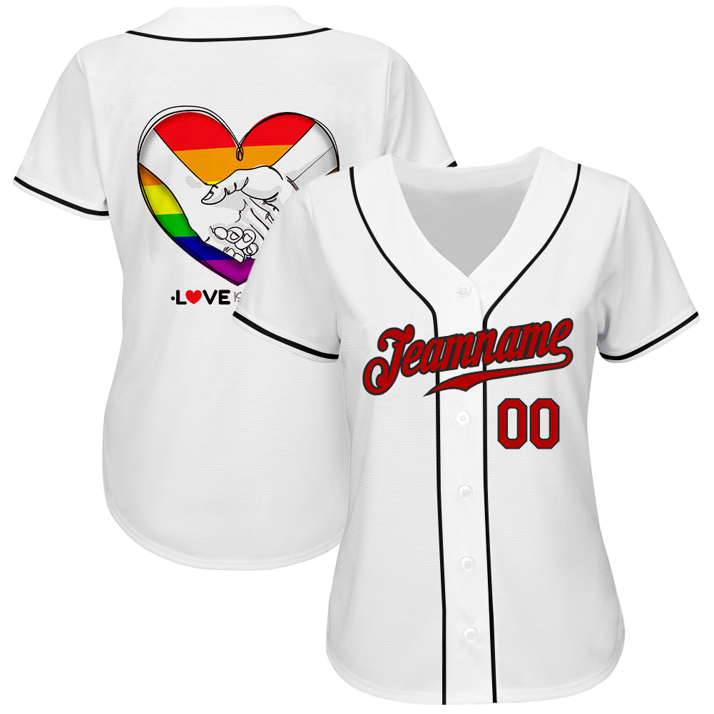 Cheap Custom White Red-Black Rainbow Colored Heart For Pride Month Love Is  Love LGBT Authentic Baseball Jersey Free Shipping – CustomJerseysPro