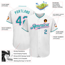 Laden Sie das Bild in den Galerie-Viewer, Custom White Teal-Pink Authentic Baseball Jersey