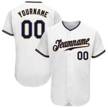 Laden Sie das Bild in den Galerie-Viewer, Custom White Navy-Old Gold Authentic Baseball Jersey