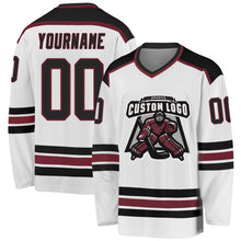 Load image into Gallery viewer, Custom White Black-Burgundy Hockey Jersey