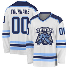 Load image into Gallery viewer, Custom White Navy-Light Blue Hockey Jersey