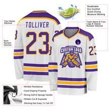 Load image into Gallery viewer, Custom White Purple-Gold Hockey Jersey