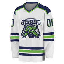 Load image into Gallery viewer, Custom White Navy-Neon Green Hockey Jersey