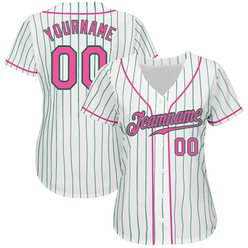 Custom White Kelly Green Pinstripe Pink-Kelly Green Authentic Baseball Jersey