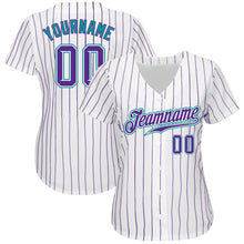 Charger l'image dans la galerie, Custom White Purple Pinstripe Purple-Teal Authentic Baseball Jersey