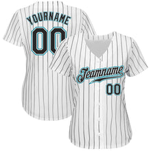 Charger l'image dans la galerie, Custom White Black Pinstripe Black-Teal Authentic Baseball Jersey