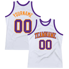 Load image into Gallery viewer, Custom White Purple-Bay Orange Authentic Throwback Basketball Jersey