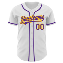 Laden Sie das Bild in den Galerie-Viewer, Custom White Purple-Gold Authentic Baseball Jersey