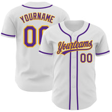Laden Sie das Bild in den Galerie-Viewer, Custom White Purple-Gold Authentic Baseball Jersey