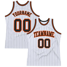 Load image into Gallery viewer, Custom White Black Pinstripe Black-Orange Authentic Basketball Jersey