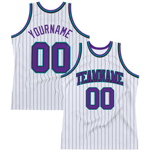 Load image into Gallery viewer, Custom White Black Pinstripe Purple-Teal Authentic Basketball Jersey