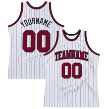 Load image into Gallery viewer, Custom White Black Pinstripe Maroon Authentic Basketball Jersey