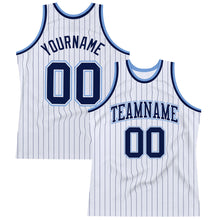Load image into Gallery viewer, Custom White Navy Pinstripe Navy-Light Blue Authentic Basketball Jersey