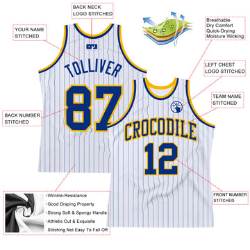 Custom White Royal Pinstripe Royal-Gold Authentic Basketball Jersey