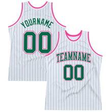Load image into Gallery viewer, Custom White Kelly Green Pinstripe Kelly Green-Pink Authentic Basketball Jersey