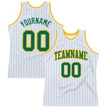 Laden Sie das Bild in den Galerie-Viewer, Custom White Kelly Green Pinstripe Kelly Green-Gold Authentic Basketball Jersey