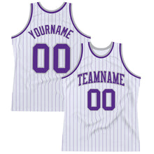 Load image into Gallery viewer, Custom White Purple Pinstripe Purple-Gray Authentic Basketball Jersey