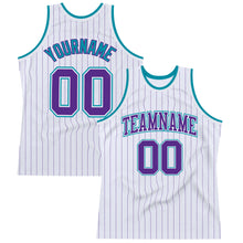 Загрузить изображение в средство просмотра галереи, Custom White Purple Pinstripe Purple-Teal Authentic Basketball Jersey