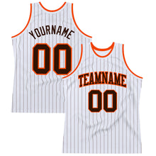 Laden Sie das Bild in den Galerie-Viewer, Custom White Brown Pinstripe Brown-Orange Authentic Basketball Jersey