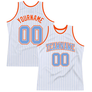 Custom White Light Blue Pinstripe Light Blue-Orange Authentic Basketball Jersey