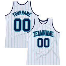 Charger l'image dans la galerie, Custom White Teal Pinstripe Navy Authentic Basketball Jersey