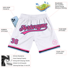 Laden Sie das Bild in den Galerie-Viewer, Custom White Pink Black-Light Blue Authentic Throwback Basketball Shorts