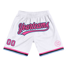 Laden Sie das Bild in den Galerie-Viewer, Custom White Pink Black-Light Blue Authentic Throwback Basketball Shorts