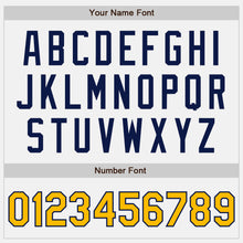 Charger l'image dans la galerie, Custom White Navy Pinstripe Gold Authentic Baseball Jersey