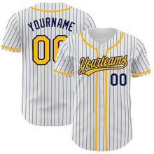 Charger l'image dans la galerie, Custom White Navy Pinstripe Gold Authentic Baseball Jersey