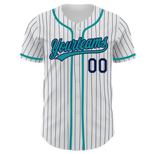 Charger l'image dans la galerie, Custom White Navy Pinstripe Teal Authentic Baseball Jersey