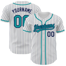 Charger l'image dans la galerie, Custom White Navy Pinstripe Teal Authentic Baseball Jersey