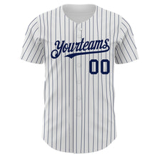 Load image into Gallery viewer, Custom White Navy Pinstripe Navy Authentic Baseball Jersey
