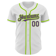 Laden Sie das Bild in den Galerie-Viewer, Custom White Purple-Neon Green Authentic Baseball Jersey