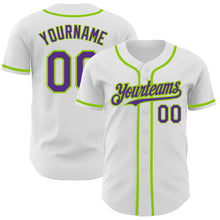 Laden Sie das Bild in den Galerie-Viewer, Custom White Purple-Neon Green Authentic Baseball Jersey