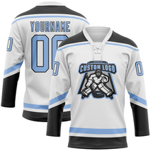 Загрузить изображение в средство просмотра галереи, Custom White Light Blue-Black Hockey Lace Neck Jersey