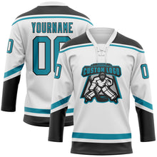 Загрузить изображение в средство просмотра галереи, Custom White Teal-Black Hockey Lace Neck Jersey