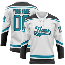 Загрузить изображение в средство просмотра галереи, Custom White Teal-Black Hockey Lace Neck Jersey