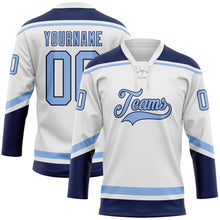 Charger l'image dans la galerie, Custom White Light Blue-Navy Hockey Lace Neck Jersey
