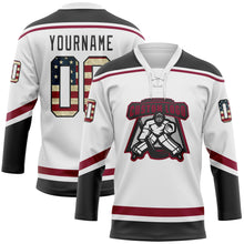Charger l'image dans la galerie, Custom White Vintage USA Flag Black-Maroon Hockey Lace Neck Jersey