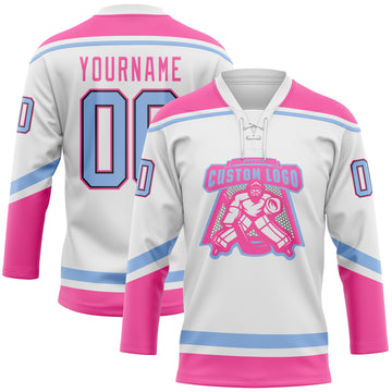 Custom White Light Blue Black-Pink Hockey Lace Neck Jersey