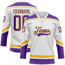 Загрузить изображение в средство просмотра галереи, Custom White Purple-Gold Hockey Lace Neck Jersey