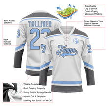 Load image into Gallery viewer, Custom White Light Blue-Steel Gray Hockey Lace Neck Jersey