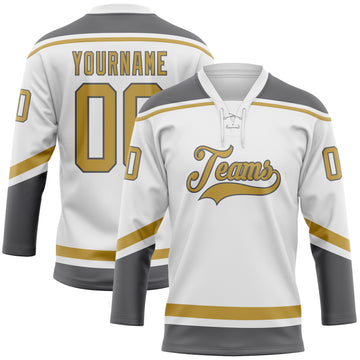 Custom White Old Gold-Steel Gray Hockey Lace Neck Jersey