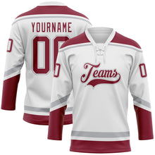 Load image into Gallery viewer, Custom White Crimson-Gray Hockey Lace Neck Jersey