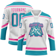 Load image into Gallery viewer, Custom White Teal-Pink Hockey Lace Neck Jersey