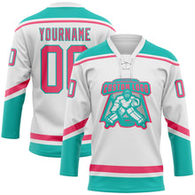 Load image into Gallery viewer, Custom White Neon Pink-Aqua Hockey Lace Neck Jersey