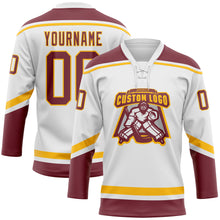 Load image into Gallery viewer, Custom White Burgundy-Gold Hockey Lace Neck Jersey