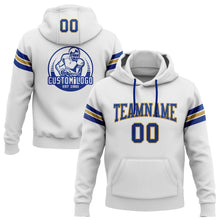 Load image into Gallery viewer, Custom Stitched White Royal-Old Gold Football Pullover Sweatshirt Hoodie