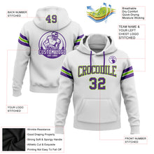 Load image into Gallery viewer, Custom Stitched White Purple-Neon Green Football Pullover Sweatshirt Hoodie
